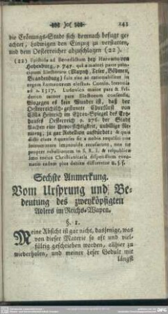 Sechste Anmerkung. Vom Ursprung und Bedeutung des zweyköpfiten Adlers im Reichs-Wapen