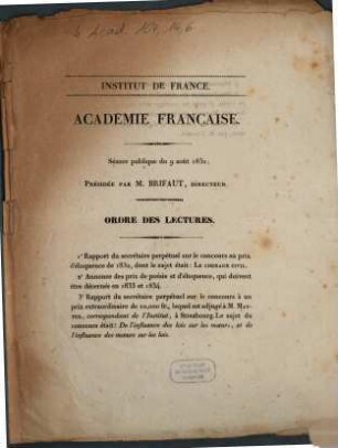 Académie Royale des Sciences. Séance publique du 9 août 1832