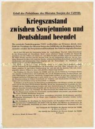 Sonderdruck des Erlasses des Obersten Sowjets der UdSSR über Beendigung des Kriegszustands mit Deutschland