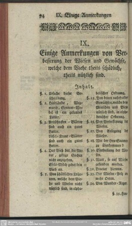 IX. Einige Anmerkungen von Verbesserung der Wiesen und Gewächse, welche dem Viehe theils schädlich, theils nützlich sind