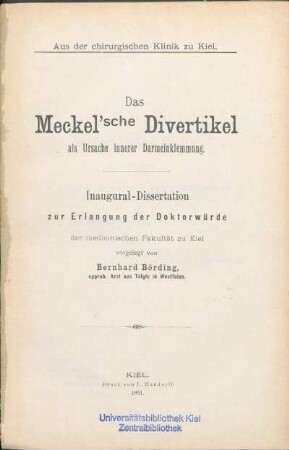 Das Meckel'sche Divertikel als Ursache innerer Darmeinklemmung