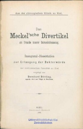 Das Meckel'sche Divertikel als Ursache innerer Darmeinklemmung