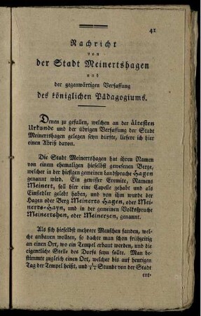 Nachricht von der Stadt Meinertshagen und der gegenwärtigen Verfassung des königlichen Pädagogiums.