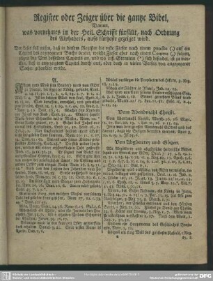Register oder Zeiger über die gantze Bibel, Darinn, was vornehmes in der Heil. Schrifft fürfällt, nach Ordnung des Alphabets, aufs kürtzeste gezeiget wird