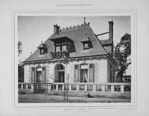 Landhaus im Blasewitzer Waldpark bei Dresden. Hauptansicht, Blatt 11. Lichtdruck; 32,0 x 42,6 cm. Druckerei Römmler & Jonas. Aus: Dresdener Architektur-Album. Bauten und Entwürfe. Herausgegeben vom Dresdener Architekten-Verein. Dresden: Verlag George Gilbers/Buchhandlung für Architektur und Kunstgewerbe, 1875. Dresden: SLUB 1830 17b 0510 000 00 1
