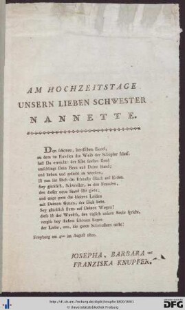 Am Hochzeitstage unsern lieben Schwester Nanette.