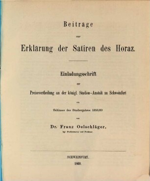 Beiträge zur Erklärung der Satiren des Horaz