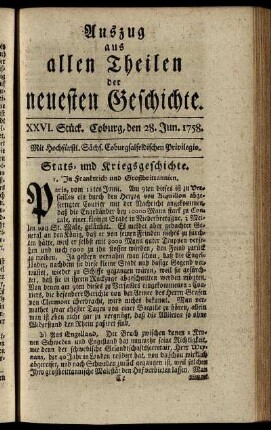 XXVI. Stück. Coburg, den 28. Jun. 1758.