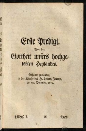 1-44, Erste Predigt. Von der Gottheit unsers hochgelobten Heylandes.
