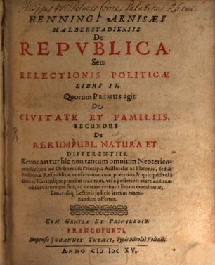 Henningi Arnisaei De republica, seu relectionis politicae libri duo