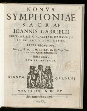 Giovanni Gabrieli: Symphoniae sacrae ... Liber secundus. Nonus