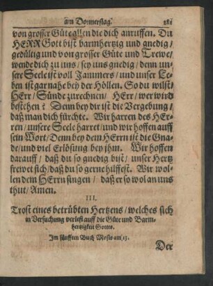 III. Trost eines betrübten Hertzens/ welches sich in Versuchung verlest auff die Güte und Barmhertzigkeit Gottes.
