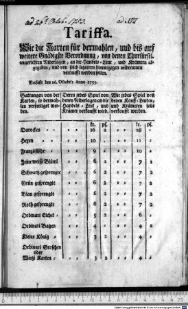 Tariffa. : Verfaßt den 26. Octobris Anno 1753.