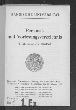 WS 1941/42: Personal- und Vorlesungsverzeichnis // Hamburgische Universität