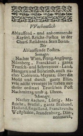 Wochentlich Ablauffend- und ankommende Kayserl. Reichs-Posten in der Churf. Residentz-Statt Bonn