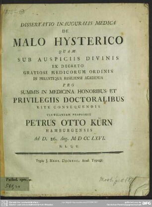 Dissertatio Inauguralis Medica De Malo Hysterico