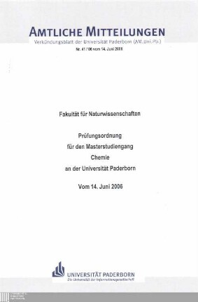 Prüfungsordnung für den Masterstudiengang Chemie an der Universität Paderborn : vom 14. Juni 2006