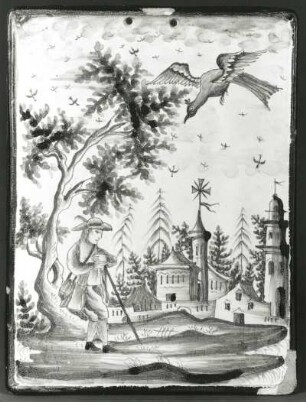 Bildplatte. Fayence, blau bemalt; 19,1 x 14,4 cm. Dresden, 1772. Dresden: Kunstgewerbemuseum 34887