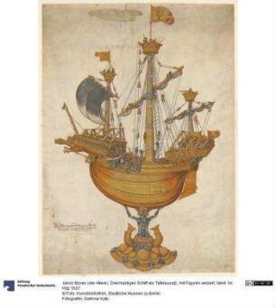 Dreimastiges Schiff als Tafelausatz, mit Figuren verziert