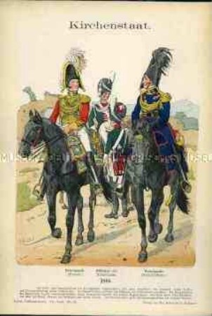 Uniformdarstellung, Gardisten der Nobelgarde und Offiziere des Karabinier-Regiments, Kirchenstaat, 1816.