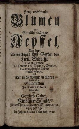 12: Hertz-erqvickende Blumen und Gemüths-labende Aepffel. Zwölffte Schale.