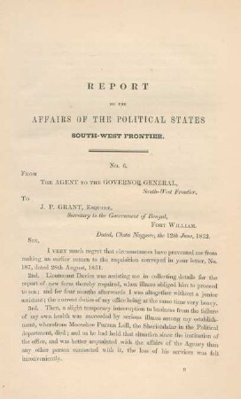 Report on the affairs of the political states south-west frontier