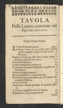 Tavola Delle Lettere continute nel Segretario di Corte.