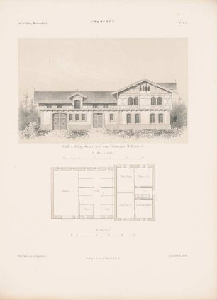 Stall- und Wohngebäude des Ritterguts, Wilkendorf: Grundriss, Vorderansicht (aus: Architektonisches Skizzenbuch, H. 1115/4, 1872)
