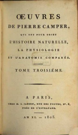 Oeuvres de Pierre Camper, qui ont pour objet l'histoire naturelle, la physiologie et l'anatomie comparée, 3