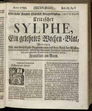 (XXXII. Stück.) den 18. April. Anno 1752.