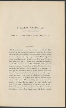Ateneo Nacional de la República Argentina : Plan de trabajos para el quinquenio 1914-1919