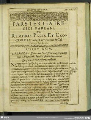 Pars Tertia Irenici Pareani. De Remoris Pacis Et Concordiae inter Lutheranos & Calvinianos sanciendae