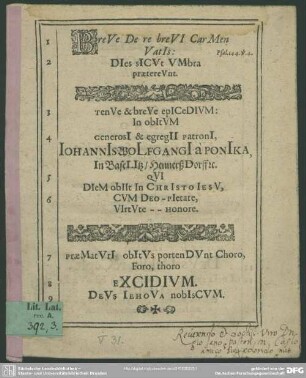 Tenue & breve epicedium in obitum Johannis Wolfgangi a Ponika