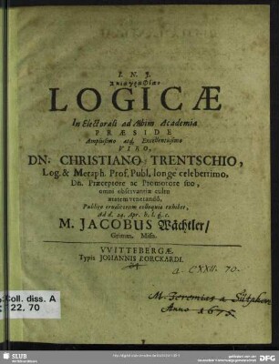 Skiagraphian Logicae In Electorali ad Abim Academia : Ad d. 24. Apr.