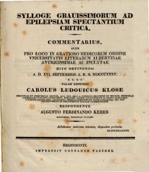 Sylloge gravissimorum ad epilepsiam spectantium critica