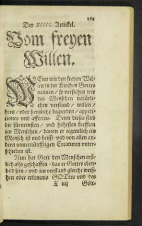 Der XIIII. Artickel. Vom freyen Willen.