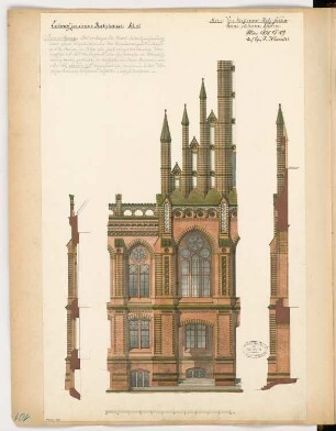 Rathaus Monatskonkurrenz Mai 1878: Aufriss Vorderansicht (Ausschnitt), 2 Vertikalschnitte der Vorderansicht; Maßstabsleiste, Erläuterungstext