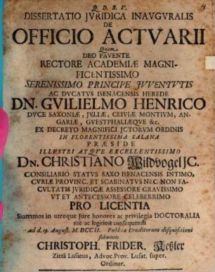 Dissertatio Jvridica Inavgvralis De Officio Actvarii