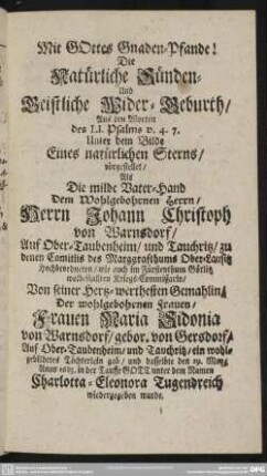[I. Theil. Völlige Tauff-Reden, unter diesen aber nebst einer gebilligten Noth-Tauffe eine Türcken-Tauffe]
