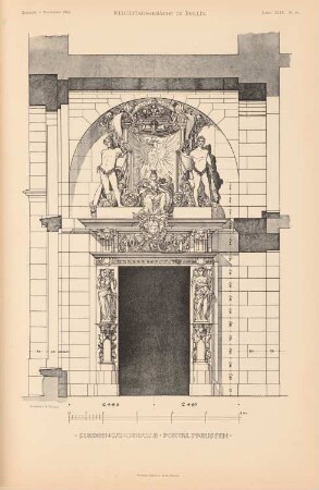 Reichstag, Berlin: Portal Preußen an der Südeingangshalle (aus: Atlas zur Zeitschrift für Bauwesen, hrsg. v. Ministerium der öffentlichen Arbeiten, Jg. 49, 1899)