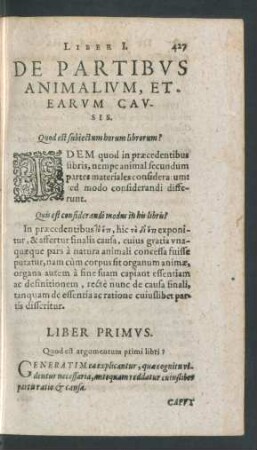 De Partibus Animalium, Et Earum Causis.