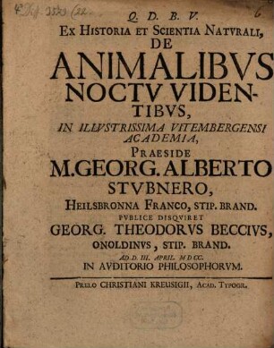 Diss. ex historia et scientia nat. de animalibus noctu videntibus