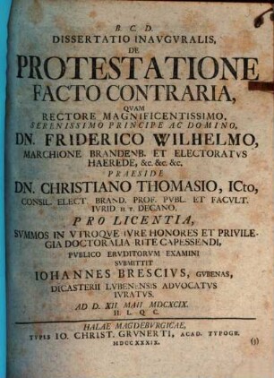 Dissertatio Inavgvralis, De Protestatione Facto Contraria