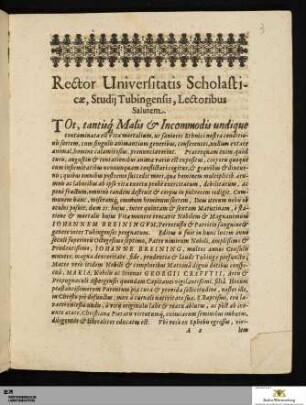 Rector Universitatis, Scholasticae Studij Tubingensis, Lectoribus Salutem