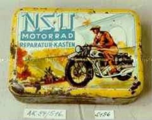 Blechdose für "NSU MOTORRAD REPARATUR-KASTEN" (Abbildung eines Motorradfahrers)