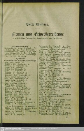 Vierte Abteilung. Berufsklassen und Gewerbebetriebe : Vierte Abteilung. Firmen und Gewerbetreibende