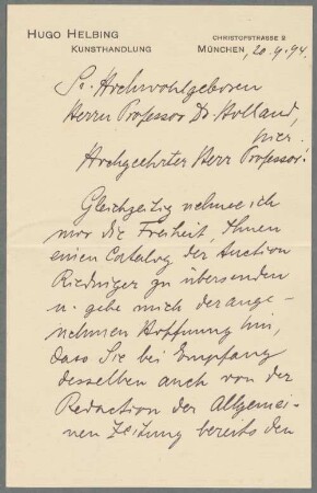 Hyacinth Holland (1827-1918) Nachlass: 6 Karten und Briefe von Hugo Helbing an Hyacinth Holland - BSB Hollandiana A.1. Helbing, HugoHug