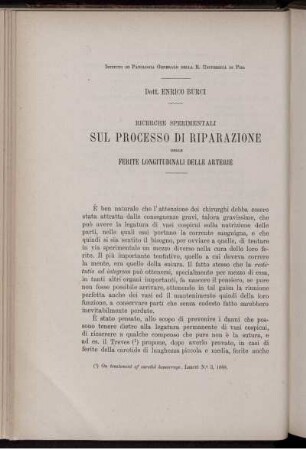 Ricerche Sperimentali Sul Processo Di Riparazione Delle Ferite Longitudinali Delle Arterie