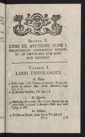 105-146, Sectio V. Libri Ex Auctione Tomi I.