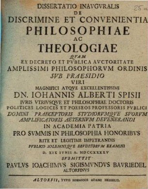 Dissertatio inauguralis de discrimine et convenientia philosophiae ac theologiae